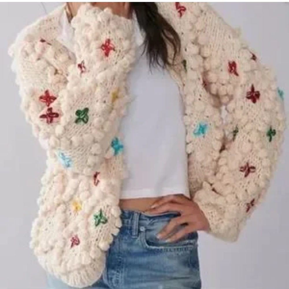 Saachi Anthropologie Aria Knit Pom Pom open cardigan chunky sweater women size S
